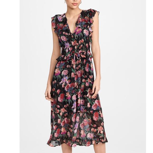 PAIGE NWOT Paradise Floral Silk Chiffon Flutter Sleeve Smocked Tiered Midi Dress